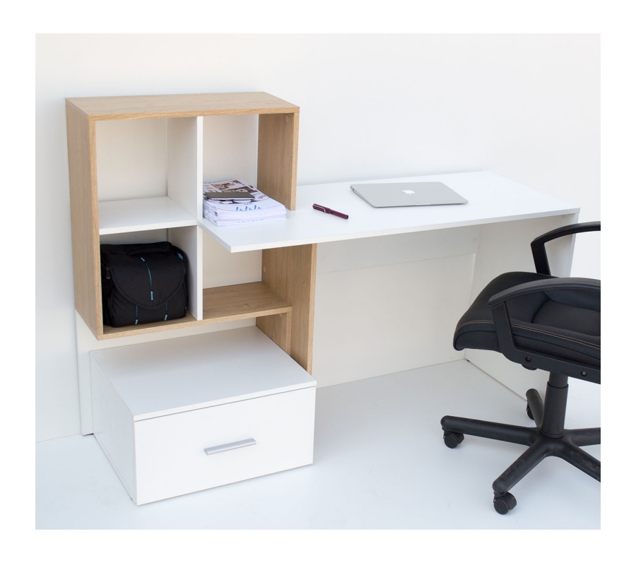 LISGOU Γραφείο 149x50x105, Λευκό - με Φυσικό, Μοντέρνα Σχεδίαση με Συρτάρι και Ράφια 